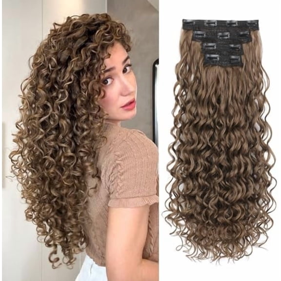 Curly Clip in Hair Extensions, 4 count 24 inch Long Hair Extensions Clip ins Lace Weft  Hairpieces for Women Daily, Light Brown