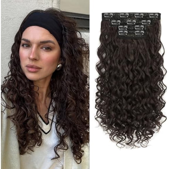 Curly Clip in Hair Extensions,4PCS 16 Inch Dark Brown Extension Clip Ins Lace Weft, Protein Gogo Curl Invisible Hairpieces for Women