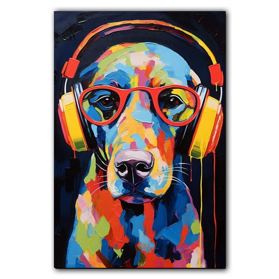 Curly Coated Retriever Wall Art - Funny Dog Canvas Canvas for Kids' Room 11x17inch - Colorful Puppy with Earphone Pictures Framed Ready to Hang