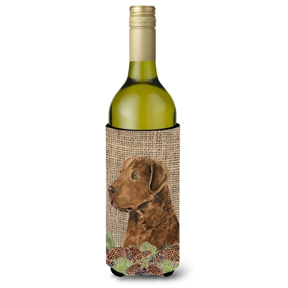 Curly Coated Retriever on Faux Burlap with Pine Cones Wine Bottle Hugger
