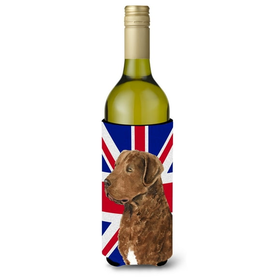 Curly Coated Retriever with English Union Jack British Flag Wine Bottle Hugger