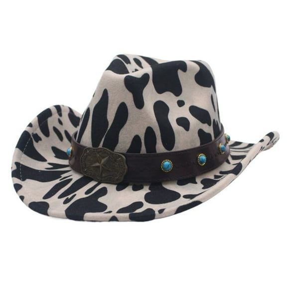 Celivon Curly Cowboy Hat Thickened Cow Pattern Print Western Vintage Hat