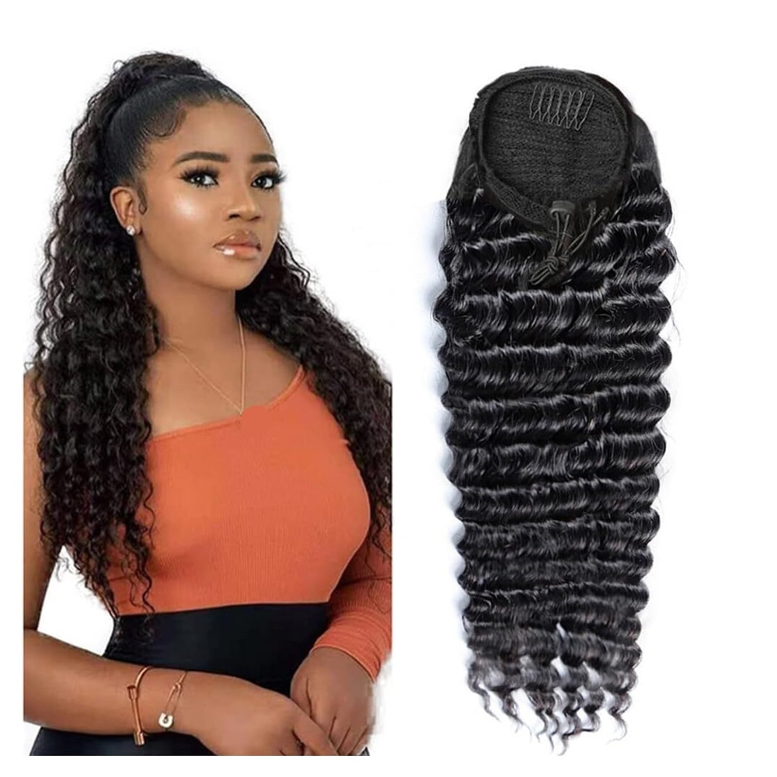 Curly Deep Wave Extensions Clip Drawstring Ponytail Human Hair with ...