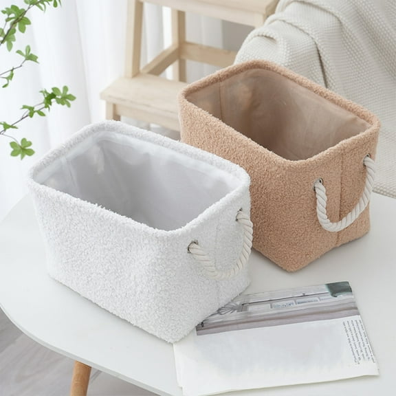 Curly Faux Fleece Storage Basket | Soft Cloth Organizer Bin | Cozy Decorative Home Container | White Khaki | Carrying Rope Handle | 11.8"x7.8"x8.2" | 1 Piece
