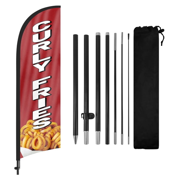 Curly Fries Advertising Swooper Flag Banners, Curly Fries Feather Flags with Pole and Ground Stake 8Ft, Advertising Feather Banner Sign for Curly Fries Business