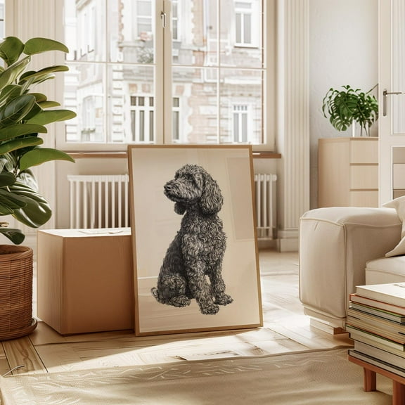 Curly Haired Doodle Dog Line Art – Black And White Ink Drawing Of Poodle Mix For Pet Lovers Wall Decor Or Gift Wall Art, Modern Wall Decor, 8x12 UNFRAMED