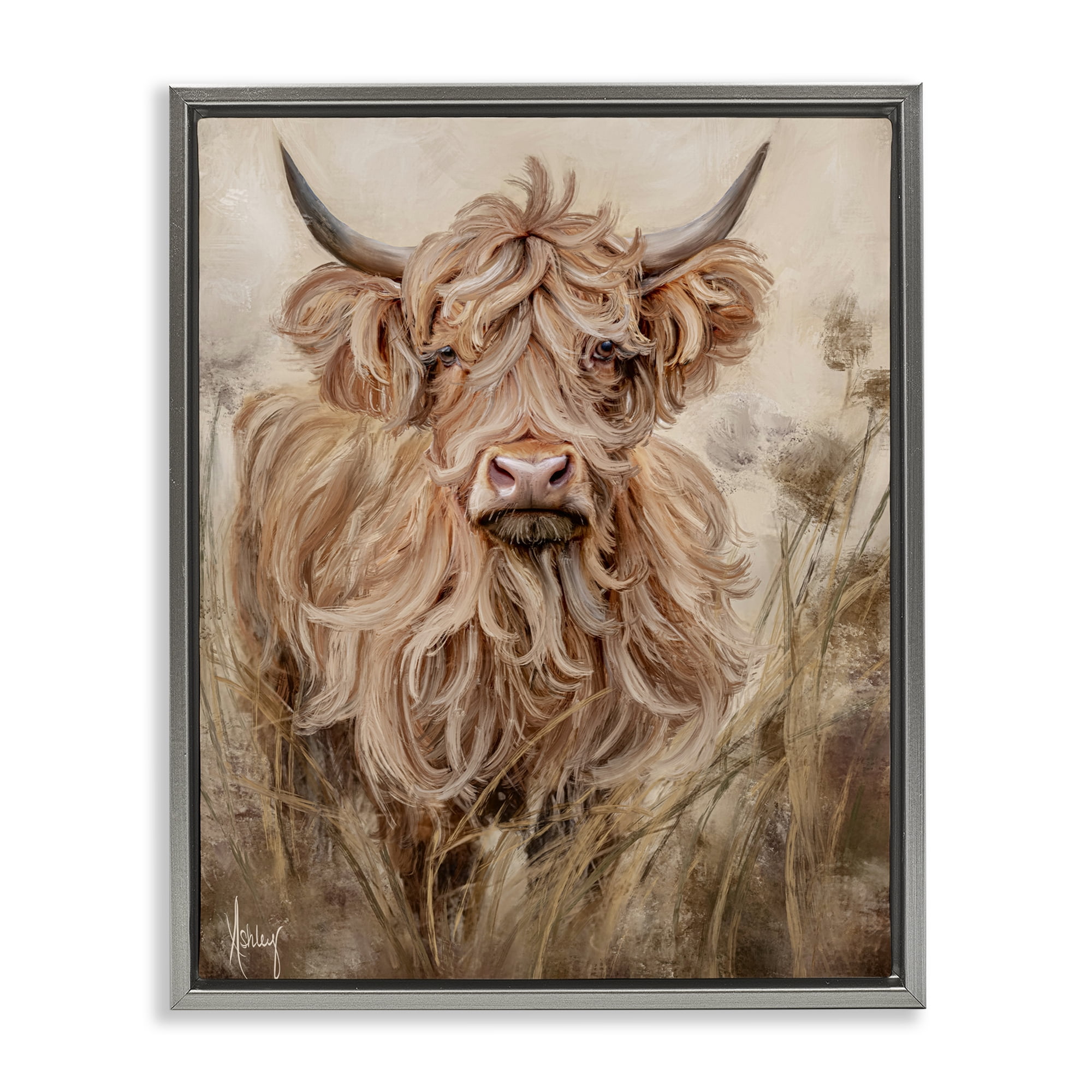 Curly Haired Highland Cattle Gray Framed Floater Canvas Wall Art, design by Ashley Bradley