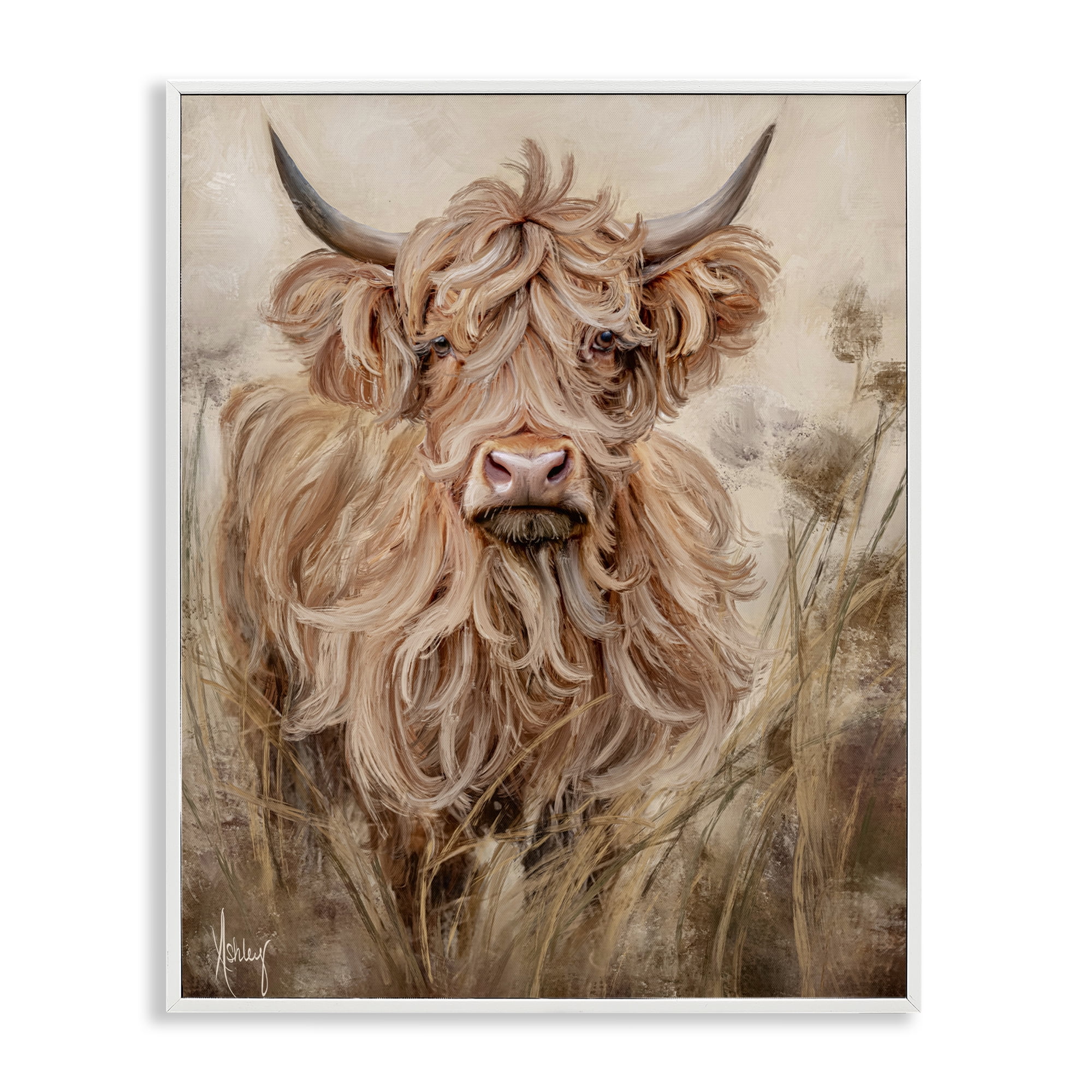 Curly Haired Highland Cattle White Framed Giclee Art, design by Ashley Bradley
