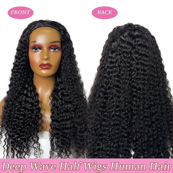 Curly Half Wig Human Hair 180% Density Deep Wave Glueless Wigs Upgrade 3 In 1 Wigs Beginner Friendly Seamless Flip Over Drawstring Curly Wig Ready to Go Headband Wig Natural Black Color 20 Inch