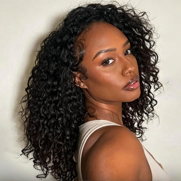 Curly Half Wig Human Hair 180% Density Deep Wave Glueless Wigs Upgrade 3 In 1 Wigs Beginner Friendly Seamless Flip Over Drawstring Curly Wig Ready to Go Headband Wig 16 Inch Natural Black Color