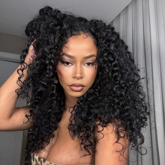 Curly Half Wig Human Hair 180% Density Deep Wave Glueless Wigs Upgrade 3 In 1 Wigs Beginner Friendly Seamless Flip Over Drawstring Curly Wig Ready to Go Headband Wig Natural Black Color 22 Inch