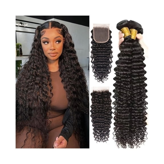 Curly Human Hair Bundles with Closure Deep Wave Bundles with 4x4 Lace Closure Brazilian Virgin Hair