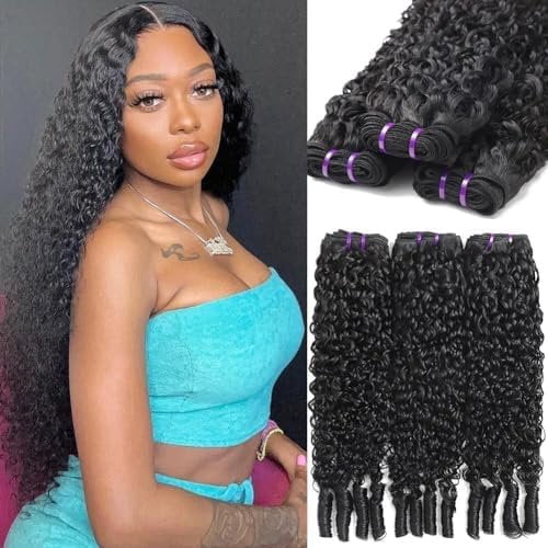 Curly Human Hair  Burmese Curly  Human Hair  Unprocessed Wet And Wavy 3 (16 18 20 Inch)with Spiral End 14A Water Wave Bundle Quick Weave Hair for Women  Black
