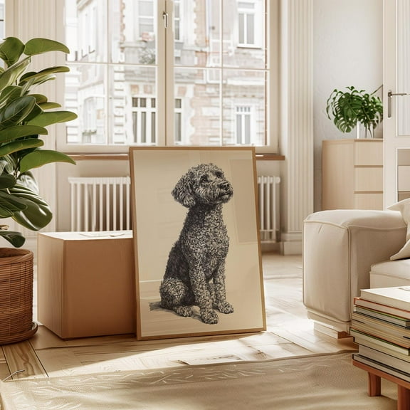 Curly Labradoodle Ink Drawing – Vintage Style Black & White Dog Art Print For Pet Lovers And Rustic Home Decor Wall Art, Modern Wall Decor, 8x12 UNFRAMED