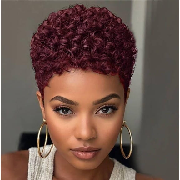 Curly Pixie Cut Human Hair Wig Short Layered Pixie Wig for Women Glueless Wear & Go Soft Natural Looking Lightweight Daily Wig (99J# Burgundy)