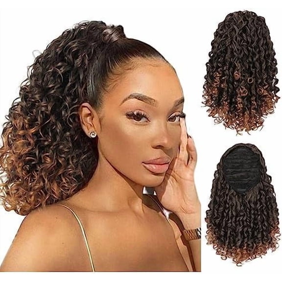 Curly Ponytail Extension for Black Women Drawstring Ponytail Hair Extensions 14 Inch Synthetic Pony Tail Mix Brown  Ponytail with 2 Clips in(Mix Brown to Brown)