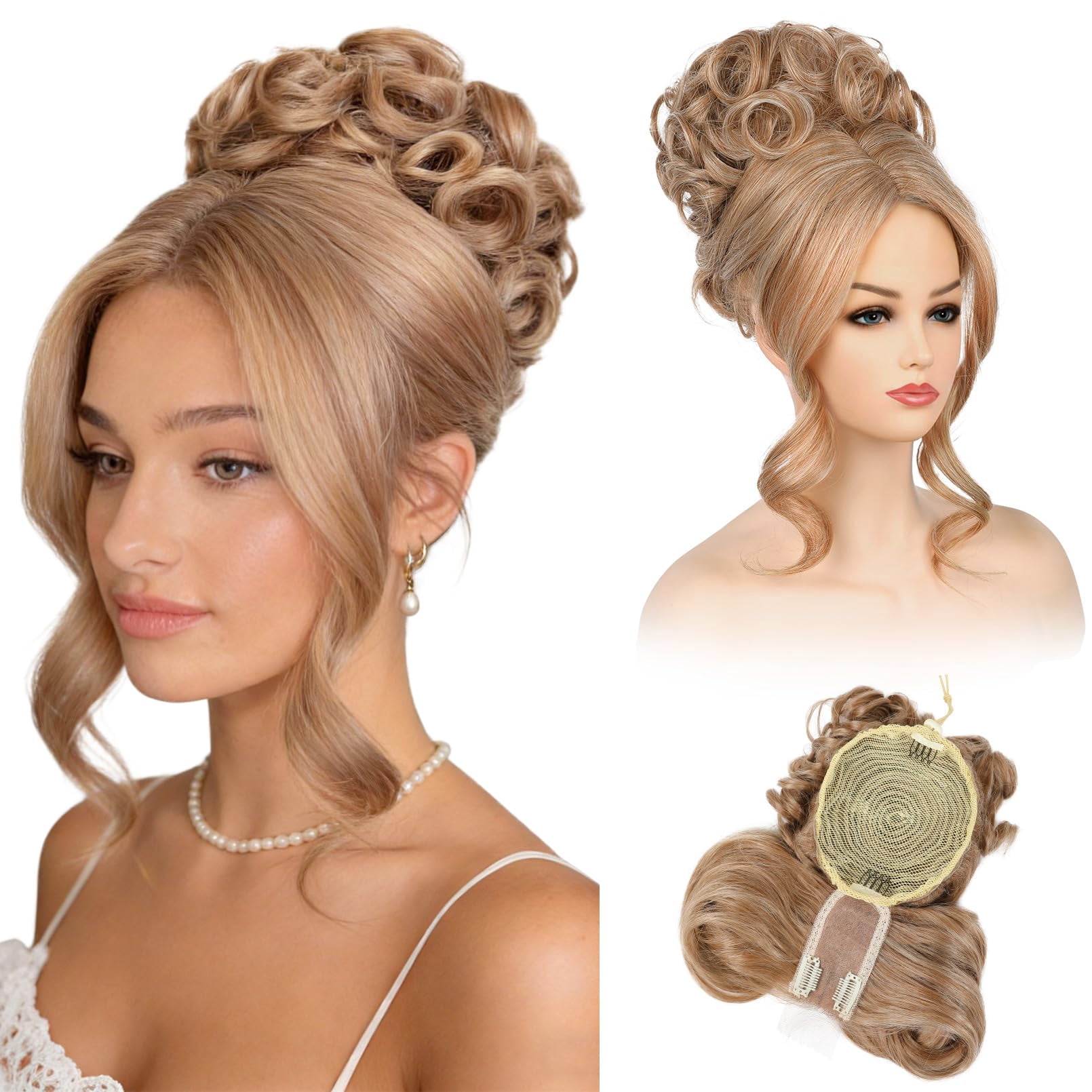 Curly Updo Wig with Bangs Messy Bun Hair Piece 2-in-1 Hair Topper Long Side Bangs Drawstring Ponytail Extension for Women Light Blonde