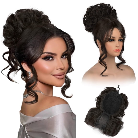 Curly Updo Wig with Bangs Messy Bun Hair Piece 2-in-1 Hair Topper Long Side Bangs Drawstring Ponytail Extension for Women Light Blonde