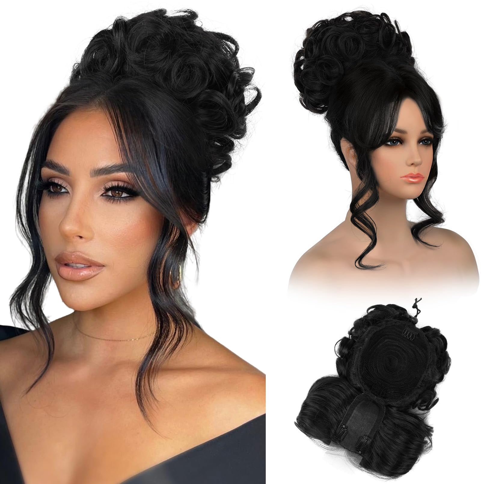 Curly Updo Wig with Bangs Messy Bun Hair Piece 2-in-1 Hair Topper Long Side Bangs Drawstring Ponytail Extension for Women Light Blonde