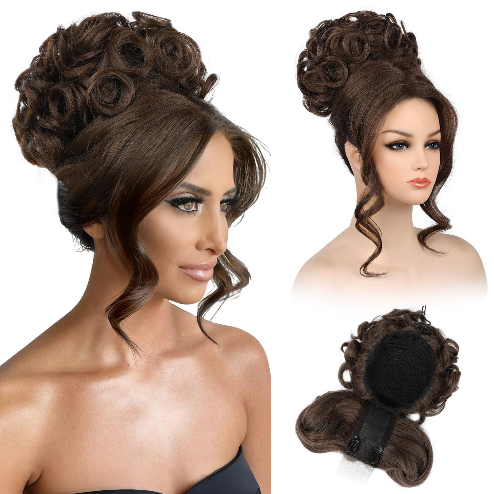 Curly Updo Wig with Bangs Messy Bun Hair Piece 2-in-1 Hair Topper Long Side Bangs Drawstring Ponytail Extension for Women Light Blonde