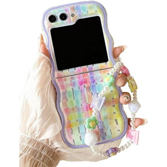 Curly Wave Frame Case for Samsung Galaxy Z Flip 5 Cute Rainbow Checker, Kawaii Beads Strap Case for Galaxy Z Flip 5 Girly Design, Lovely Woman Case for Z Flip 5 (Rainbow Checker)