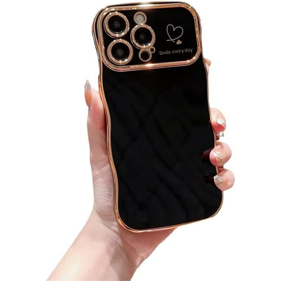 Curly Wave Frame Love Heart Full Camera Lens Protection Compatible with iPhone Case (Black,iPhone 12 Pro)