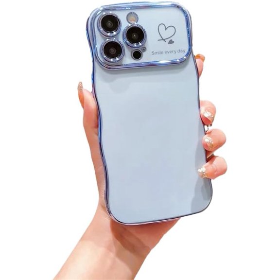 Curly Wave Frame Love Heart Full Camera Lens Protection Compatible with iPhone Case (Blue,iPhone 13 Pro)