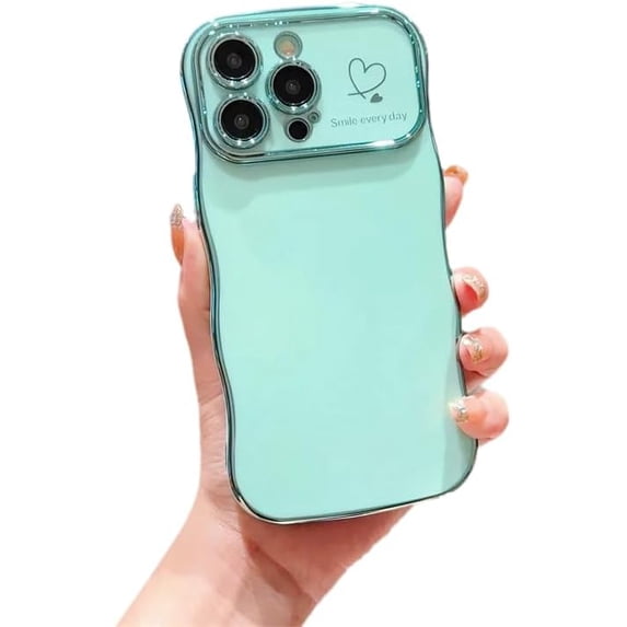 Curly Wave Frame Love Heart Full Camera Lens Protection Compatible with iPhone Case (Green,iPhone 14 Plus)