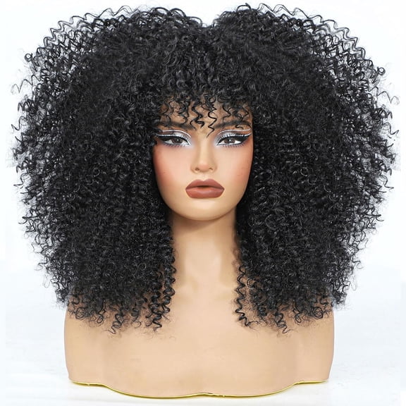 Curly Wig With Bangs, 16 Inch Full Kinky Curly Wigs for Black Women