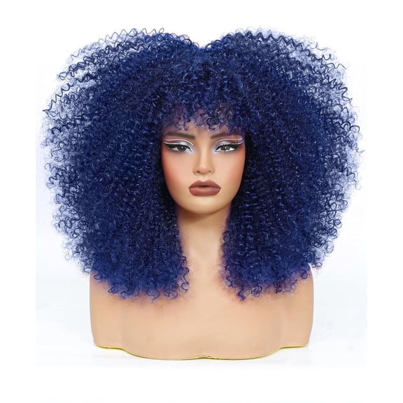 Curly Wig With Bangs, 16 Inch Full Kinky Curly Wigs for Black Women