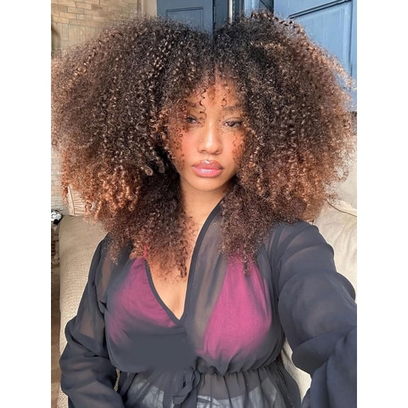 Curly Wig With Bangs, 16 Inch Full Kinky Curly Wigs for Black Women