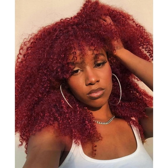 Curly Wig With Bangs, 16 Inch Full Kinky Curly Wigs for Black Women