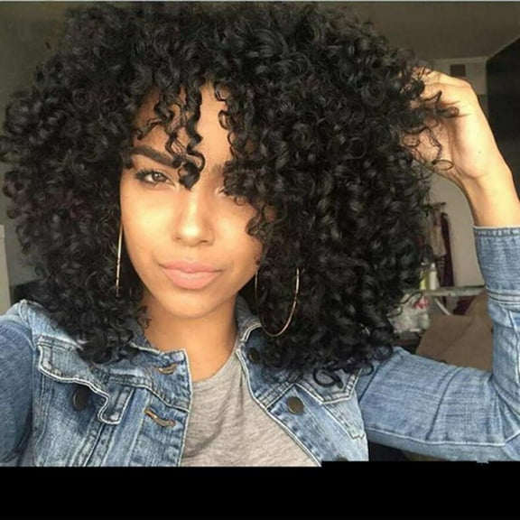 Curly Wigs for Women,11.8 Inches Curly Afro Full Wigs with Bangs,Natural Black African Style,Black