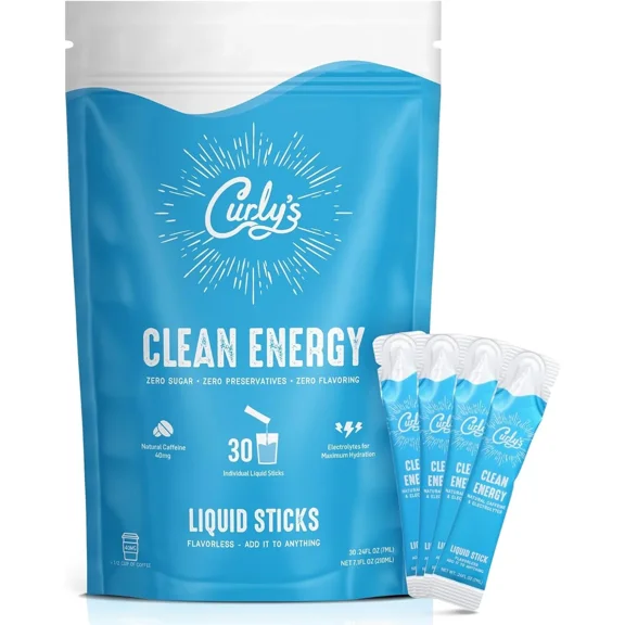 Curlys Clean Energy Caffeine + Electrolyte Liquid Sticks, Flavorless, 30 Pack, Sugar-Free, Keto, Whole30