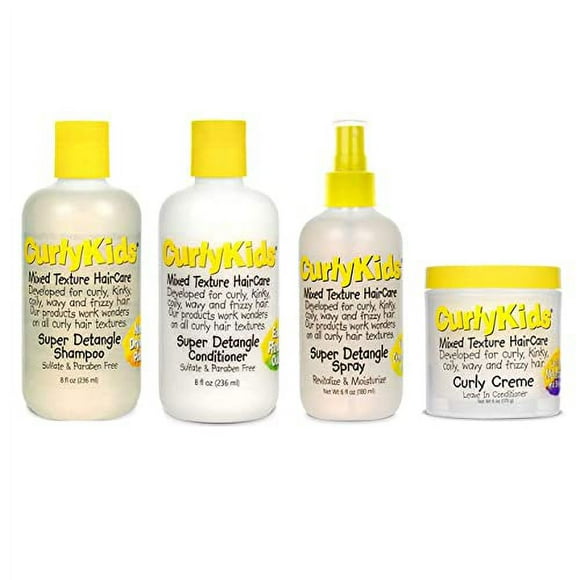 CurlyKids Mixed Hair HairCare Set Super Detangling Shampoo/Conditioner 8.0 Ounce, Spray 6.0 Ounce, Curly Crme Conditioner 6.0 Ounce - 4-Pack