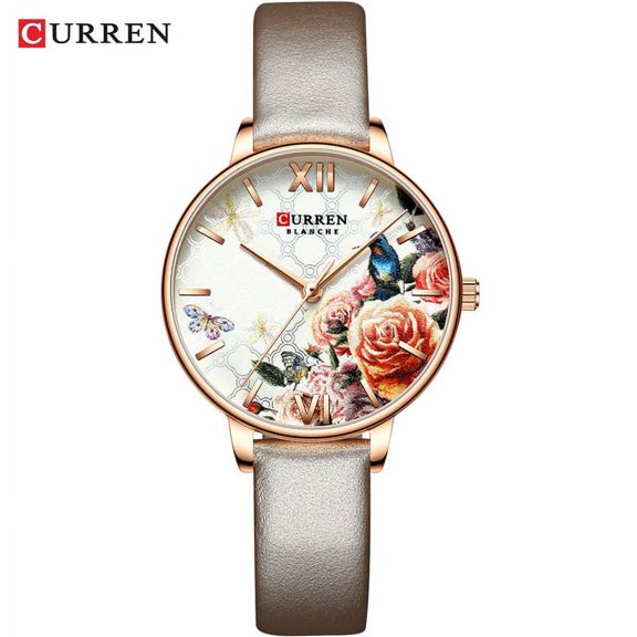 Curren Beautiful Flower Design Watches Women Fashion Casual Leather Wristwatch Ladies Watch Female Clock Women's Quartz Watch - Quartz Wristwatches