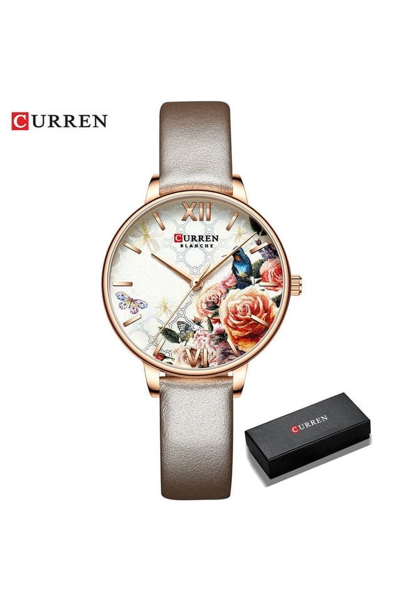 Curren Beautiful Flower Design Watches Women Fashion Casual Leather Wristwatch Ladies Watch Female Clock Women's Quartz Watch - Quartz Wristwatches