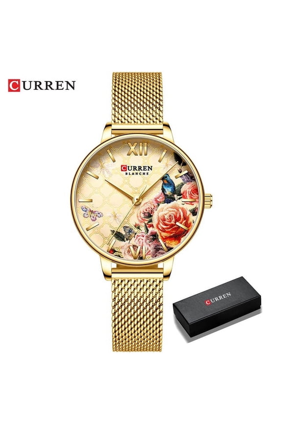 Curren Beautiful Flower Design Watches Women Fashion Casual Leather Wristwatch Ladies Watch Female Clock Women's Quartz Watch - Quartz Wristwatches