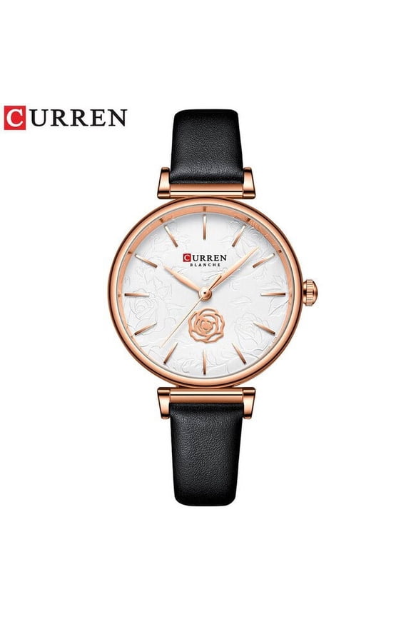 Curren Charming Women's Wristwatches With Leather Elegant Rose Flower Dial Quartz Watches Female Clock Quartz Wristwatches