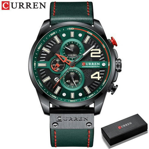 Curren New Watches For Mens Chronograph Leather Wristwatch Fashion Green Male Clock With Designed Dial - Quartz Wristwatches