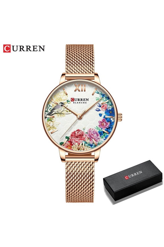 Curren Women Quartz Watches Elegant Charming Wristwatch For Ladies Stianless Steel Mesh Band Flower Clock Female - Quartz Wristwatches
