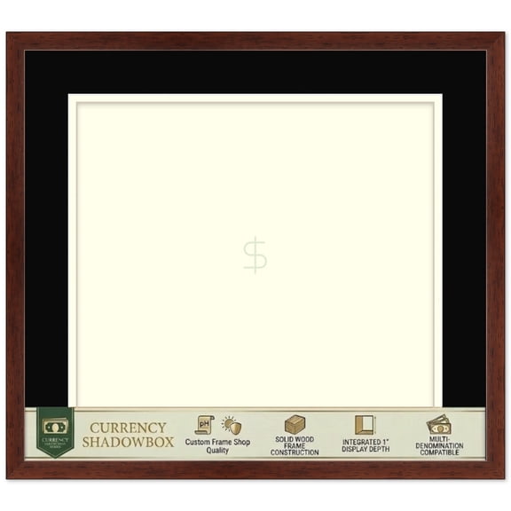 Currency Display Frame - Black Layered Mat with Off White Inner - 17x15 - Rustic Walnut Shadowbox -