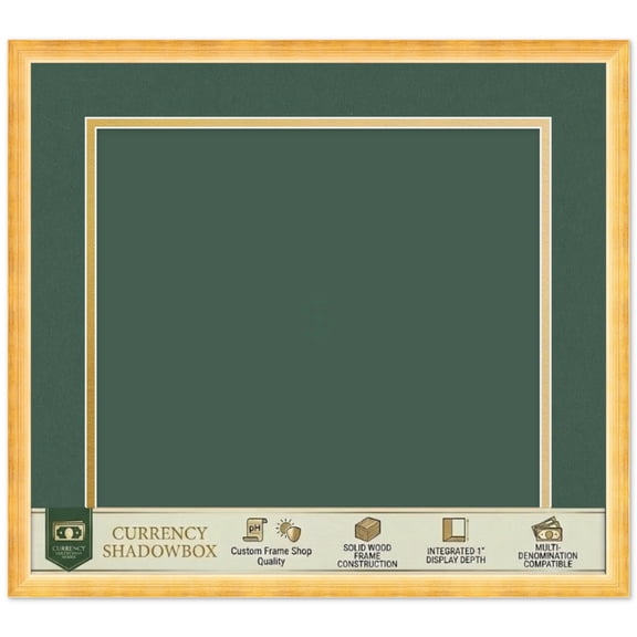 Currency Display Frame - Forest Green Layered Mat with Metallic Gold Inner - 17x15 - Gold Shadowbox