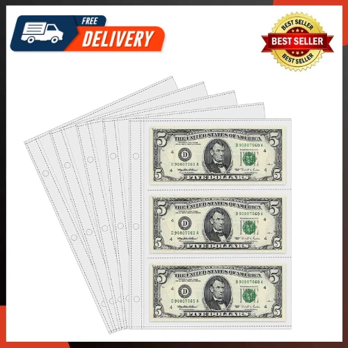 Currency Sleeves,50Pcs Page Protectors For 3 Ring Binder 3-Pocket Banknote