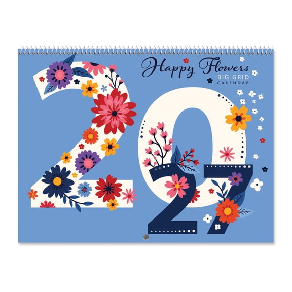 Current 2027 Happy Flowers Big Grid Wall Calendar, 12-Inch x 9-Inch Size Closed, 18-Inch Size Open, Large Bookstore-Quality, Spiral-Bound Hanging Monthly Calendars for Kitchen & Office, by Current