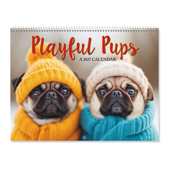 Current 2027  Playful Pups Dog Wall Calendar, 12-Inch x 9-Inch Size Closed, 18-Inch Size Open, Large Bookstore-Quality, Spiral-Bound Hanging Monthly Wall Calendars for Kitchen & Office