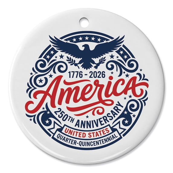 Current 250th Anniversary of America Round Ornament with hanging string, 2-3/4" diameter, Great as holiday décor or as a gift