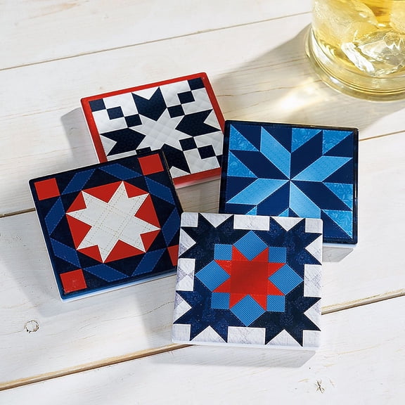 Current Americana Quilt Coasters - Set of 4, Kitchen or Patio, Ceramic, 3 3/4" Square
