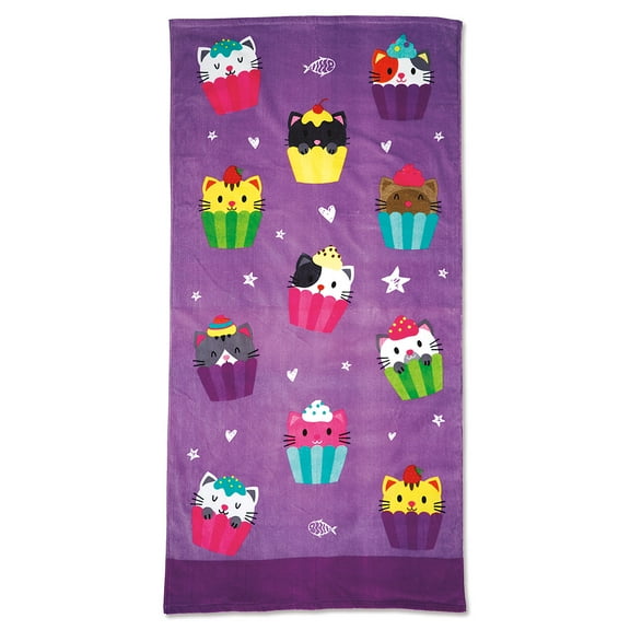 Current Beach and Bath Towel for Girls - Kitten Cupcakes Design, Extra-Large, 100% Cotton, 30 inch x 60 inch