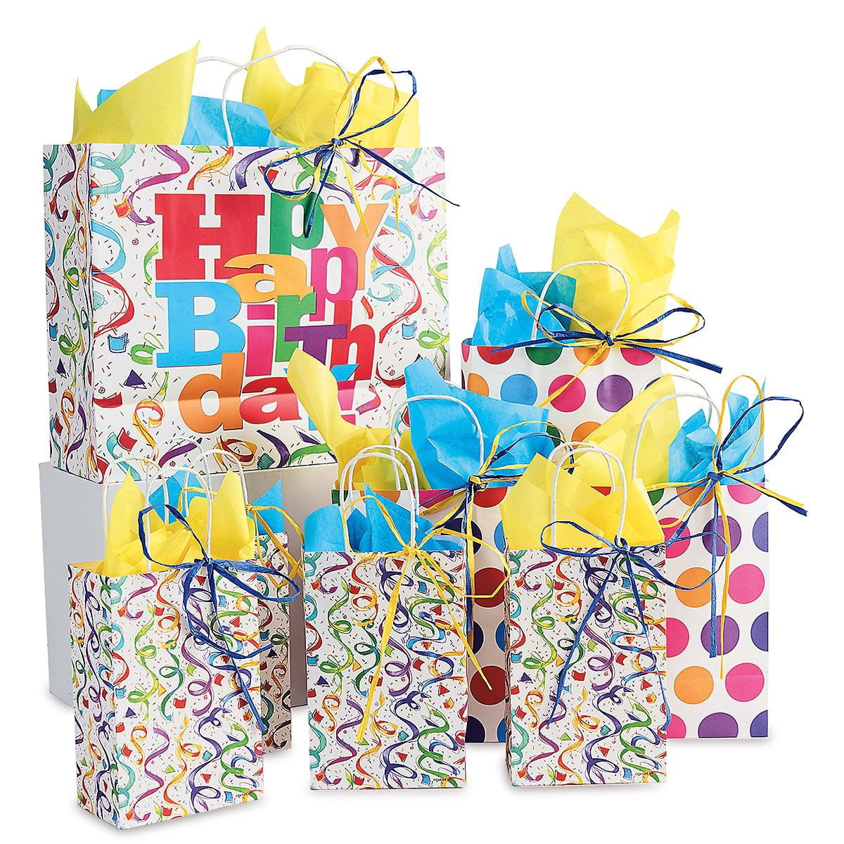 Current Happy Birthday Gift Bag Value Pack- 40 Piece Wrapping Set, 8 Gift Bags in 3 Sizes, 2 Colors Tissue Paper, 12 Raffia Strand Ribbons